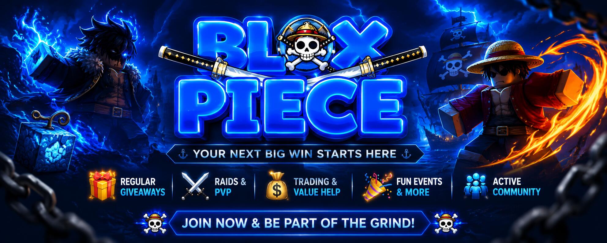 Discovery splash banner for BloxPiece β Trading & Giveaways Discord server